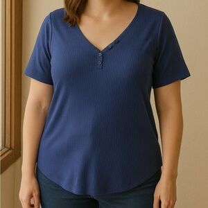 Love & Legend Blue Ribbed V-Neck Stretch Tee 1X